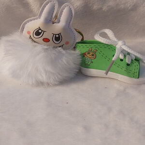 Fuzzy White Labubu and Green Labubu Shoe Keychain